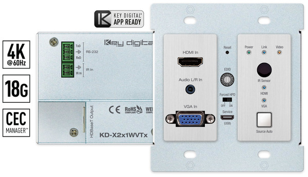 KD-X2X1WVTX 2X1 4K/18G 40M HDBASET POH DUAL-GANG WALL PLATE SWITCHER W/ HDMI & VGA, IR, RS-232. TRANSMITTER ONLY